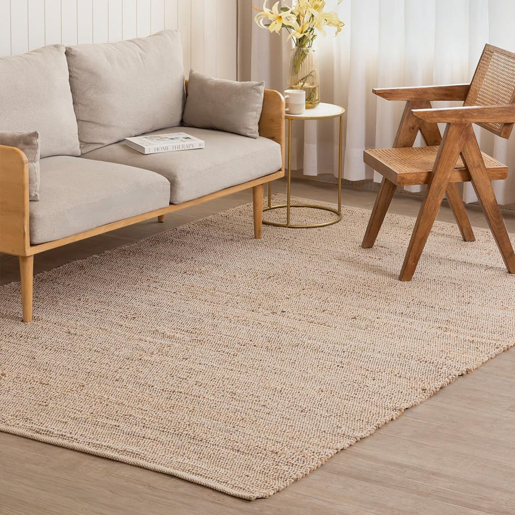 Natural Reversible Handwoven Boho Farmhouse Jute Cotton Area Rug
