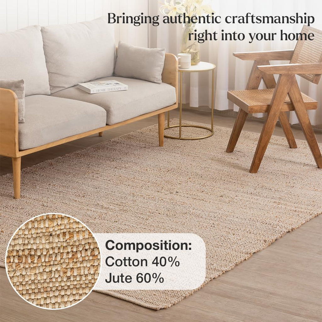 Natural Reversible Handwoven Boho Farmhouse Jute Cotton Area Rug