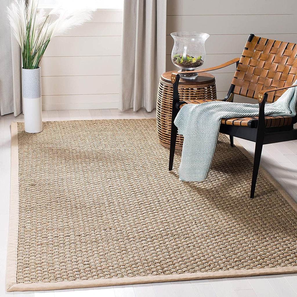 Natural Beige Bordered Basketweave Seagrass Indoor Area Rug
